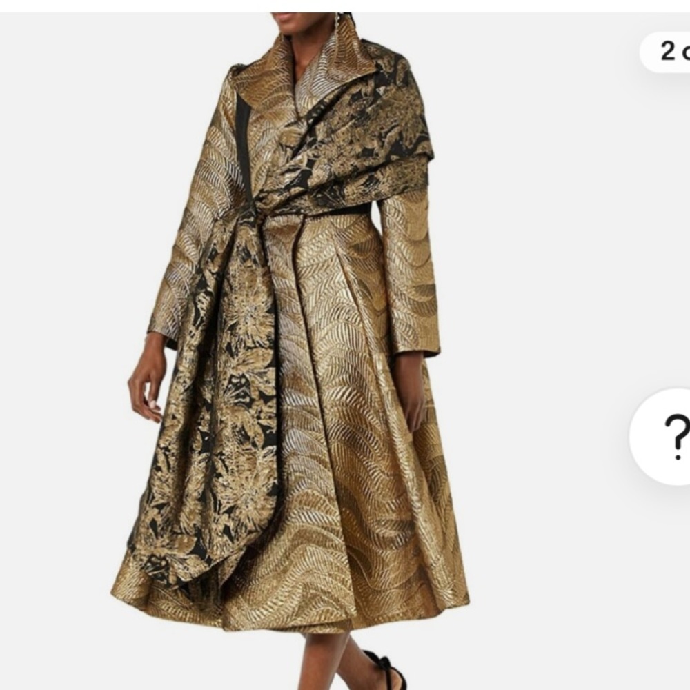 Metallic Gold Brocade Fit-and-Flare Coat with Draped Scarf